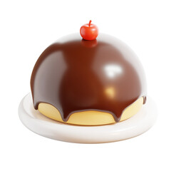 3D render of a creamy chocolate pudding topped with a bright red cherry, served on a white plate. The transparent background makes it perfect for food-related design projects and digital content
