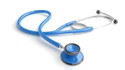 A vibrant blue stethoscope on a clean white surface, symbolizing healthcare and medical professionalism.