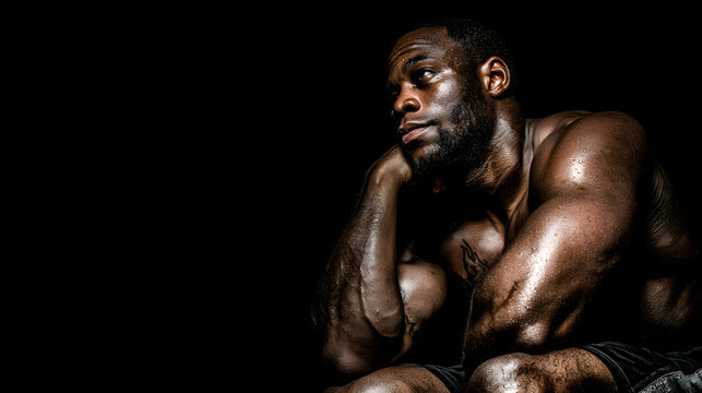 A contemplative African American man with a muscular build sits in a darkened space, showcasing sweat glistening on his skin. - Powered by Adobe