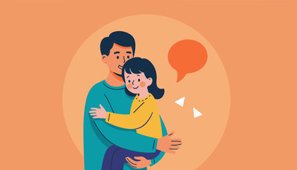 Joyful parent hugging child in vibrant illustration, love and connection