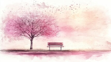 Peaceful springtime scene with cherry blossoms and park bench.