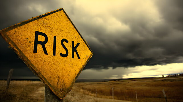 A weathered yellow sign reading 'RISK' against a dark, stormy sky, evoking a sense of foreboding and caution.