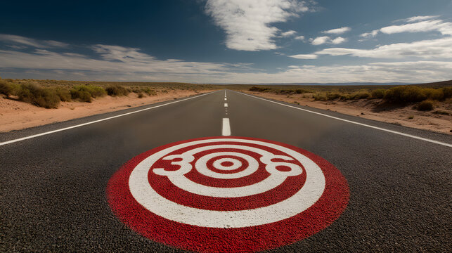 A striking red target symbol painted on a deserted road under a dramatic sky. - Powered by Adobe