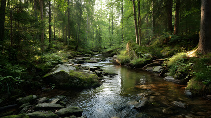 Obraz premium A serene forest stream flows through vibrant greenery, creating a tranquil natural retreat.