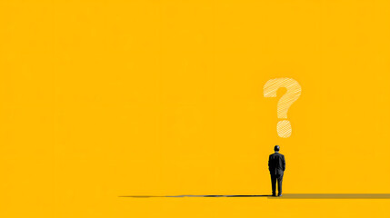 A thoughtful man in a black suit stands against a vibrant yellow background, contemplating with a question mark above.