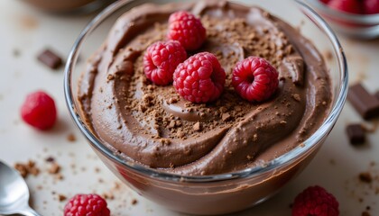 Decadent Vegan Chocolate Mousse with Raspberries on Top