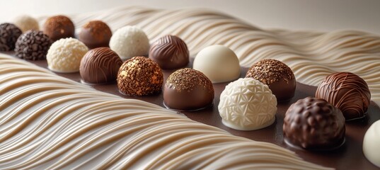 Gourmet chocolate bonbons displayed on smooth chocolate surface elegant textures