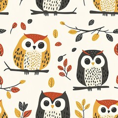 Adorable Autumn Owls Seamless Pattern: Cute Bird Illustration with Fall Leaves and Branches