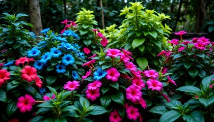 Naklejka premium Lush Tropical Garden with Vibrant Flowers and Lush Green Foliage