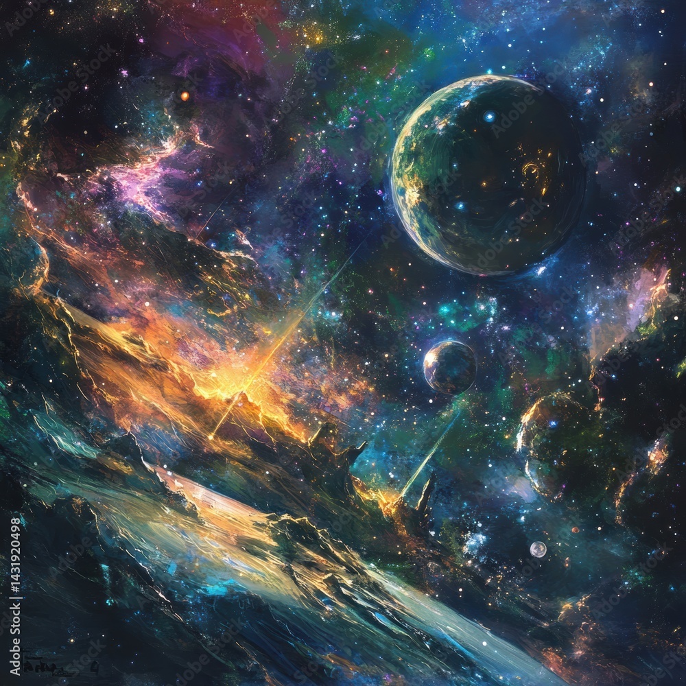 Poster exploring the vastness of a vibrant space universe with swirling galaxies and colorful celestial bod