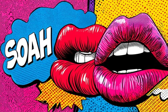 Colorful and lively pop art design featuring bold lips and fun speech bubbles, perfect for adding a retro touch to any project.