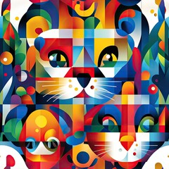 Fototapeta premium Vibrant Geometric Animal Portrait: A Colorful Abstract Cat and Friends Composition