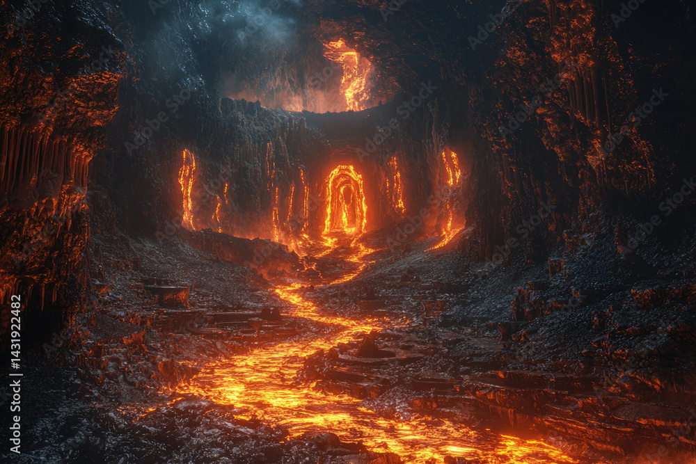 Poster Lava flows through a fiery, volcanic cave towards an arched gateway, creating a surreal and otherworldly scene.