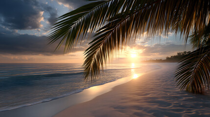 Fototapeta premium Golden rays of sunlight breaking through the palm leaves, casting a serene and calming light over the white sandy beach.