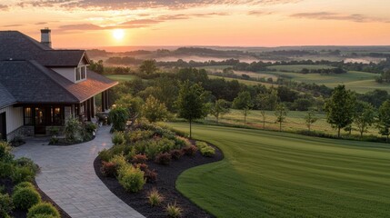 A house with a large yard and a path leading to it