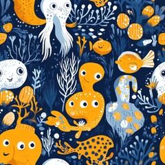 Whimsical Underwater World: Orange and Blue Sea Creatures Pattern