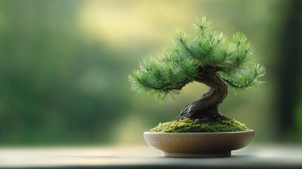 Small bonsai tree in pot on surface with blurred green background.