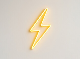 Yellow neon lightning bolt icon isolated on a white wall