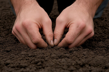 Hands planting seeds in rich soil during spring, nurturing future growth and life in a garden bed