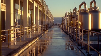 A long, narrow walkway with a lot of pipes and tanks