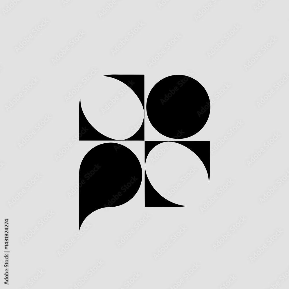 Poster a minimalist black and white abstract design featuring interlocking circles and squares, creating a 