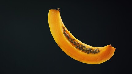 Papaya slice with seeds on dark background close up studio shot.