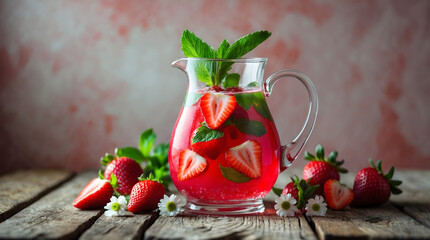 Refreshing Strawberry Mint Pitcher Drink Rustic Wooden. Generated With AI