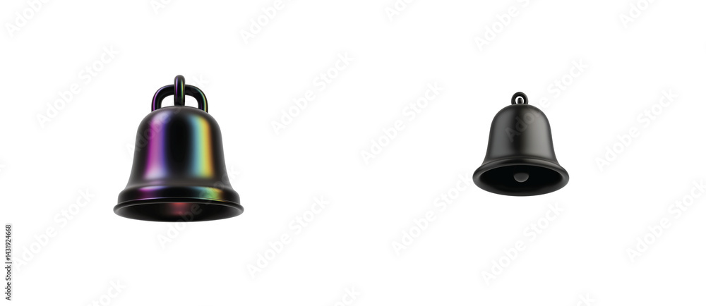 Poster metallic bell with colorful iridescent effect in three different angles