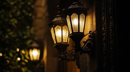 Nighttime lanterns illuminate old building