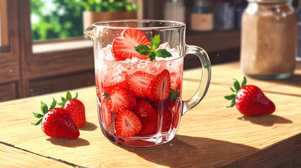 Refreshing Strawberry Pitcher Sunlit Kitchen Summer Drink. Generated With AI
