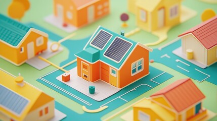 Obraz premium Solar House, Smart Grid, Suburban, Green Energy, Illustration