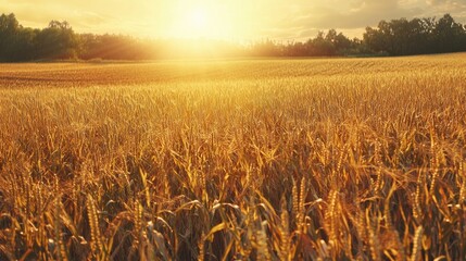 A field of golden wheat with the sun shining brightly on it