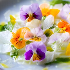 Obraz premium Spring salad with edible flowers. Selective focus. Shallow depth of field.