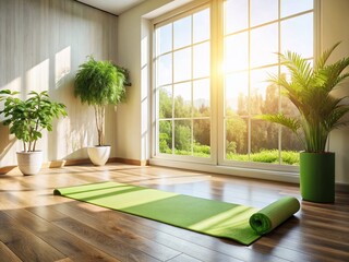 Tranquil Yoga Practice: Sunlight, Plants & Wooden Floor Minimalist Photography