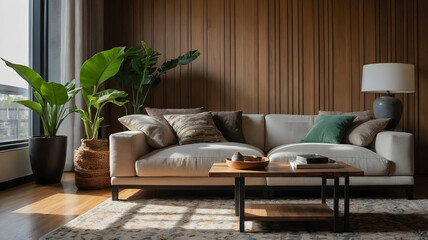 Serene living room beige sofa wooden wall sunlight. Generated With AI