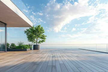 Obraz premium Modern rooftop terrace with wooden deck, glass railing, potted plants, and cityscape view.