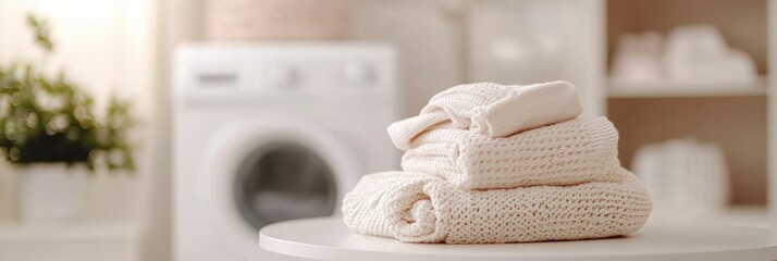 Soft baby clothes neatly folded in elegant colors with modern washing machine in the background and ample copy space for design use