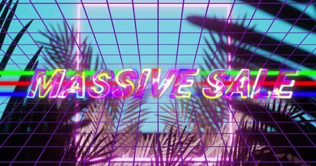 Neon MASSIVE SALE sign glitching and glowing in synthwave grid scene with palm silhouettes - Powered by Adobe