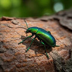 Fototapeta premium Agrilus Planipennis Metallic Green Beetle On Ash Tree Bark Macro Forest