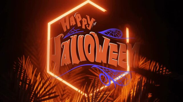 Neon Happy Halloween sign casting orange glow, framing spider webs and ghost graphic