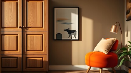 Extreme macro close-up of a cozy reading nook split into distinct sections  a wooden cabinet, modern art, soft orange stool