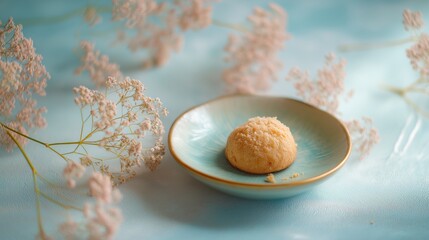 Delicate dessert on a beautiful plate surrounded by tiny flowers