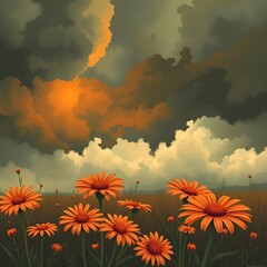 Intense dramatic weather, warm autumn colors, retro style daisies, earthy cozy, stormy skies, high tension, flat art painterly style