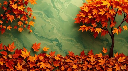 An autumnal scene rendered in warm earthy tones using a colorful green and white marble pattern texture as an abstract background