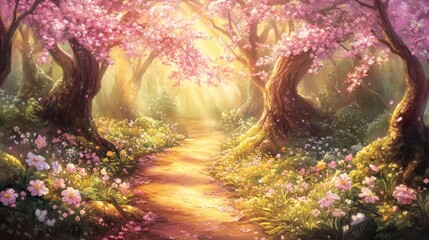 A sunlit pathway through a blossoming spring forest.