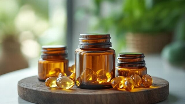 Wellness Ritual: A captivating still life showcases an arrangement of amber-colored glass jars filled with golden supplements, a visual ode to health and well-being.