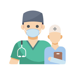 Doctor and patient wearing mask and head bandage