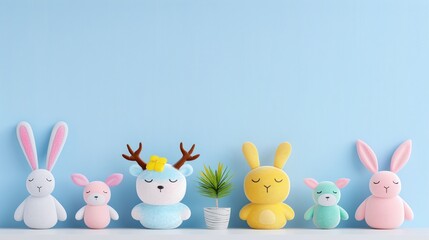 Cute pastel bunny toys and fantasy animals with plant decoration on blue background, creative soft toy composition with copy space for children gift, nursery or Easter concept

