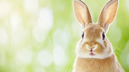 Close-up of a brown rabbit against a blurred green and white background.