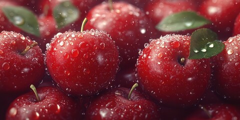 Fresh red apples glistening with water droplets in a natural setting brought to life